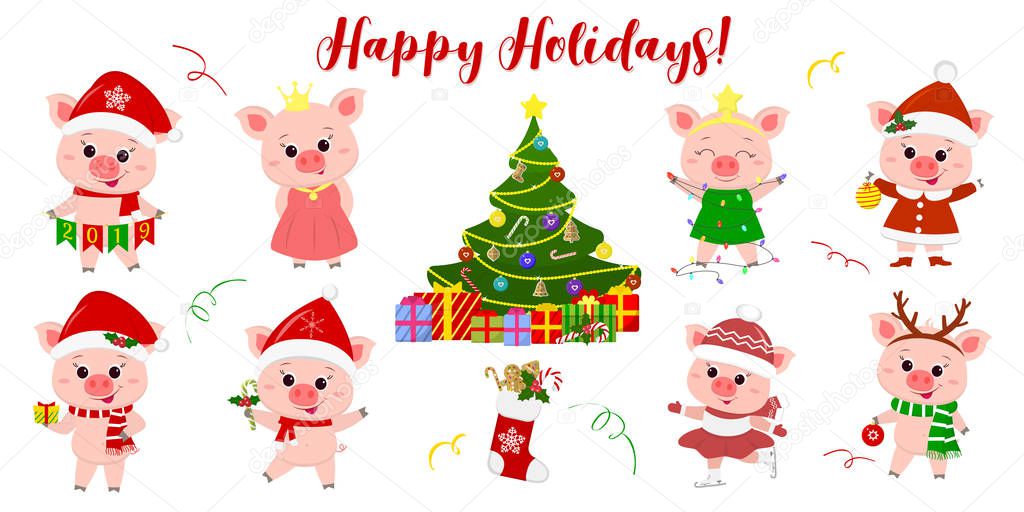 Happy New Year and Merry Christmas. A set of eight cute pigs in different costumes and poses. Christmas tree and gifts. Symbol of the new year in the Chinese calendar. 2019. Vector.