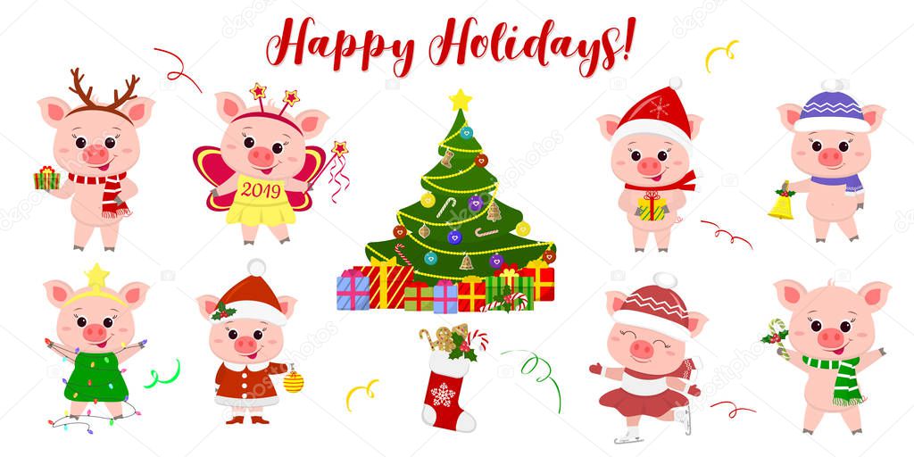 Happy New Year and Merry Christmas. A set of eight cute pigs in different costumes and poses. Christmas tree and gifts. Symbol of the new year in the Chinese calendar. 2019. Vector.