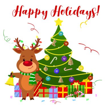 Mutlu yeni yıl ve mutlu Noeller tebrik kartı. Sevimli geyik bir eşarp ve Noel bell holding boynuzları üzerinde çelenk ile. Karikatür tarzı. Vektör.