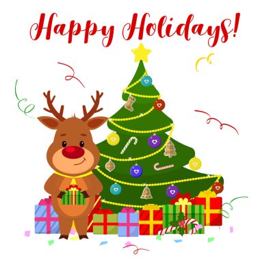 Happy New Year ve neşeli Noel tebrik kartı. Bir çan boyun olan şirin bir geyik Noel ağacı yanında duran ve bir hediye tutarak. Karikatür tarzı. Vektör.