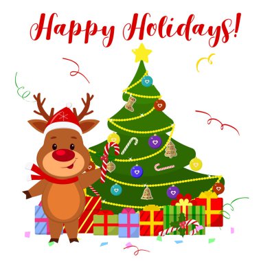 Happy New Year ve neşeli Noel tebrik kartı. Santa s şapka ve atkı sevimli geyik ağacın duran ve bir lolipop tutan. Karikatür tarzı. Vektör.