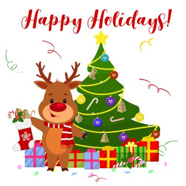 Mutlu yeni yıl ve neşeli Noel tebrik kartı sevimli geyik bir önyükleme hediyeler ile tutarak bir eşarp. Noel ağacı ve hediyeler yanında. Karikatür tarzı. Vektör.