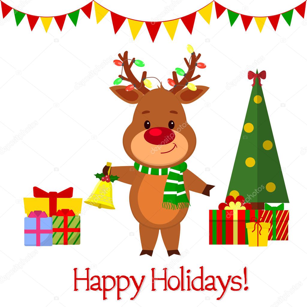 Happy New Year and Merry Christmas Greeting Card. A cute deer in a santa costume is holding a gift. Christmas tree and boxes with gifts. Cartoon style. Vector.