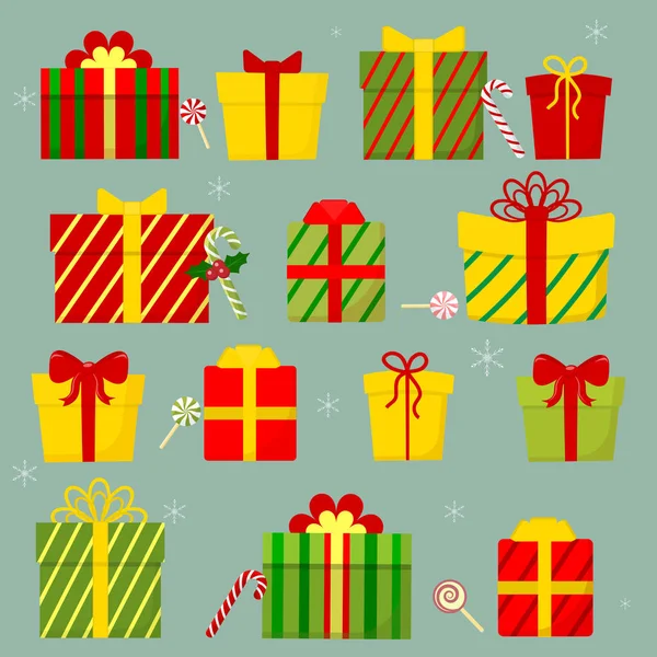 Conjunto de catorce cajas de regalo con lazo, regalos aislados sobre fondo verde. Venta, concepto de compra. Colección para cumpleaños, Navidad. Diseño plano, vector — Archivo Imágenes Vectoriales