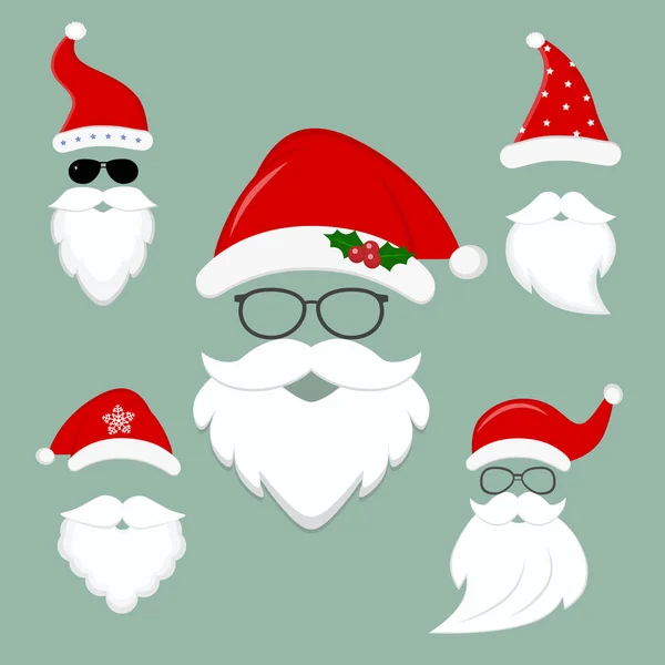 Yeni yıl s elbise Santa şapkalar, sakal ve gözlük koleksiyonu. Noel öğeleri kutlama, yüz maskesi. Düz stil, vektör