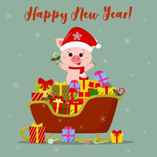 새 해 복 많이 받으세요 그리고 즐거운 성 탄 인사말 카드입니다. 산타의의 썰매에 산타 모자에 귀여운 돼지 서 있다. 크리스마스 선물의 많은 다른 상자. 평면 스타일 벡터 — 스톡 벡터