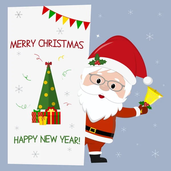 Feliz Año Nuevo y Feliz Navidad. Lindo Santa Claus con gafas sosteniendo una campana. Está detrás de un letrero con un árbol de Navidad y un regalo en el invierno. Estilo de dibujos animados, vector — Vector de stock