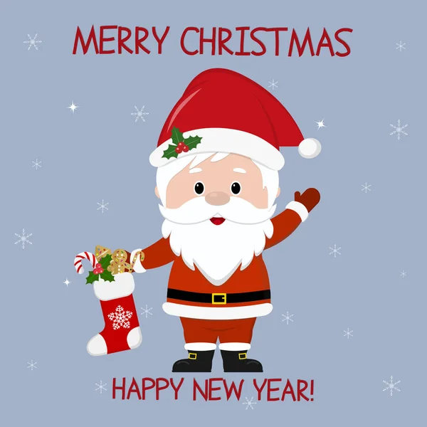 Feliz Año Nuevo y Feliz Navidad Tarjeta de felicitación. Lindo Santa Claus sosteniendo un calcetín de Navidad con dulces en el fondo de los copos de nieve. Estilo de dibujos animados, vector — Vector de stock