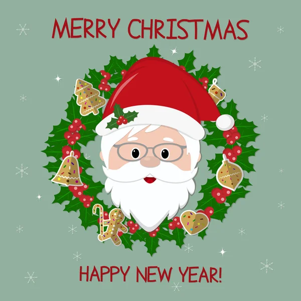 Feliz Año Nuevo y Feliz Navidad. Santa Claus lindo y corona de Navidad de acebo con galletas de jengibre sobre fondo de copos de nieve. Estilo de dibujos animados, vector — Vector de stock