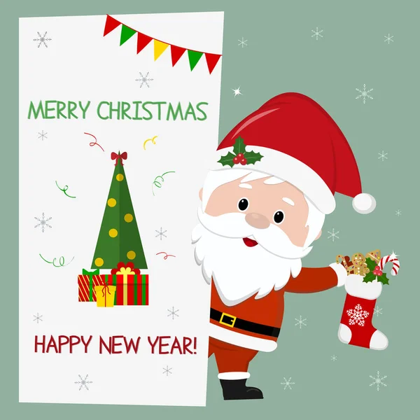 Feliz Año Nuevo y Feliz Navidad. Lindo Santa Claus sosteniendo un calcetín de Navidad con regalos. Está detrás de un letrero con un árbol de Navidad y un regalo. Estilo de dibujos animados, vector — Vector de stock