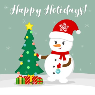 Yeni yıl ve Noel kartı. Bir Santa şapka ve atkı sevimli kardan adam Noel ağacı süsle. Kar taneleri kutu arka planı kışın hediyelerle. Stil karikatür, vektör