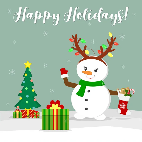 새 해 그리고 크리스마스 카드입니다. 사슴 뿔, 귀여운 눈사람 선물 양말. 크리스마스 트리와 눈송이의 배경에 대 한 겨울 선물 상자 만화 스타일, 벡터 — 스톡 벡터