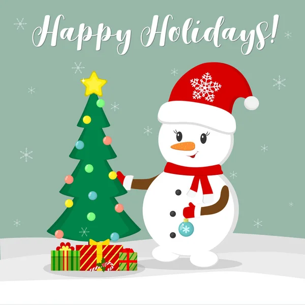 새 해 그리고 크리스마스 카드입니다. 귀여운 눈사람 산타 모자와 스카프에 크리스마스 트리를 장식. 눈송이의 배경에 대 한 겨울 선물 상자. 만화 스타일, 벡터 — 스톡 벡터
