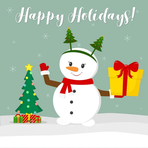 새 해 그리고 크리스마스 카드입니다. 상자를 들고 스카프와 크리스마스 트리 테두리에 귀여운 눈사람. 크리스마스 트리 고 눈송이의 배경에 대 한 겨울에 상자. 만화 스타일, 벡터 — 스톡 벡터