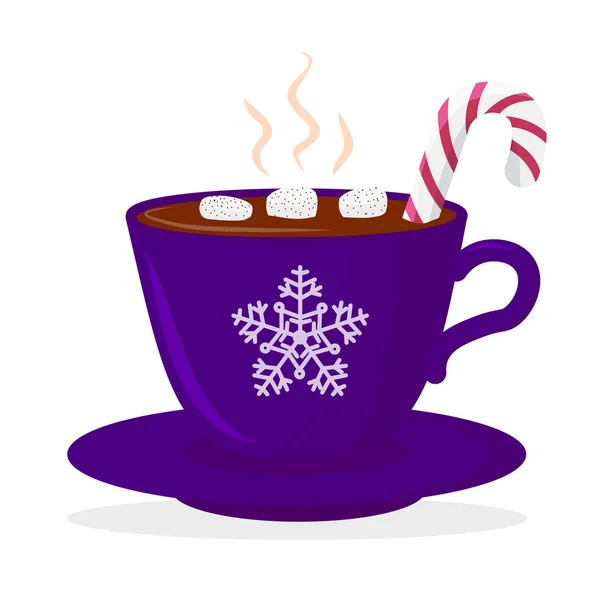 Forró csokoládé kupa, fehérmályva, nyalóka, kék, hópehely dísz. Christmas card design elem. Elszigetelt vektoros illusztráció — Stock Vector