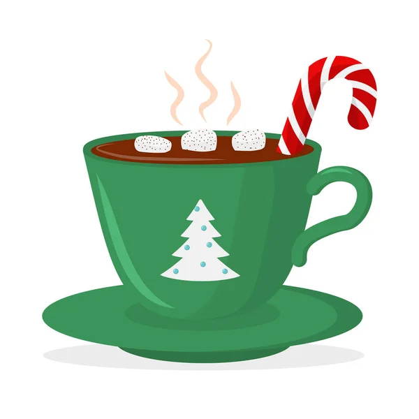 Tazza di cioccolata calda con marshmallow e lecca-lecca, verde con albero di Natale. Elemento di design biglietto di Natale. Illustrazione del vettore isolato — Vettoriale Stock