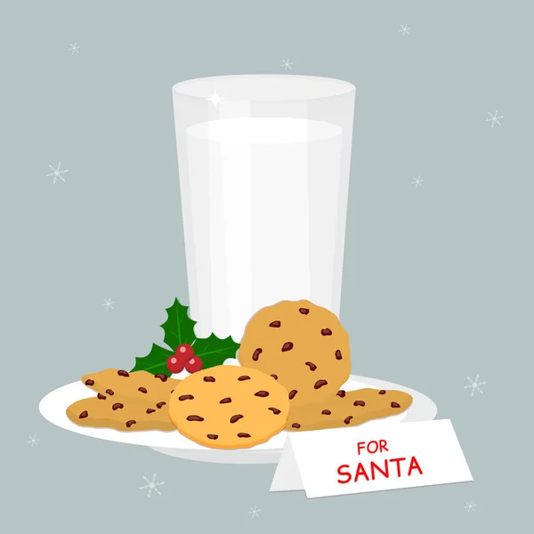 Set de vaso de leche y galletas de avena horneadas con chispas de chocolate, bayas de acebo, aisladas sobre fondo de copos de nieve. Nota y trato para Santa. Vector plano — Vector de stock