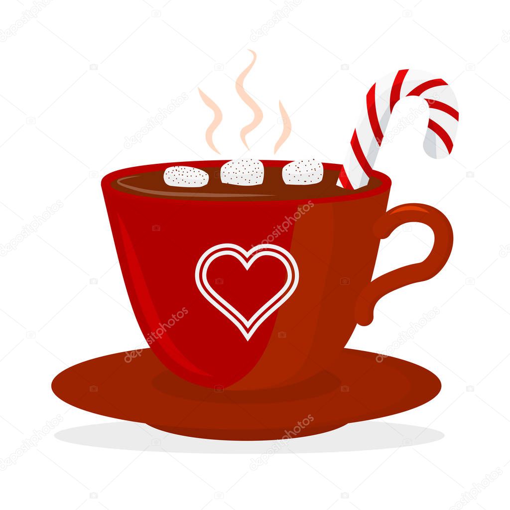 Hot chocolate cup with marshmallow and lollipop, red with hearts. Christmas card design element. Isolated vector illustration