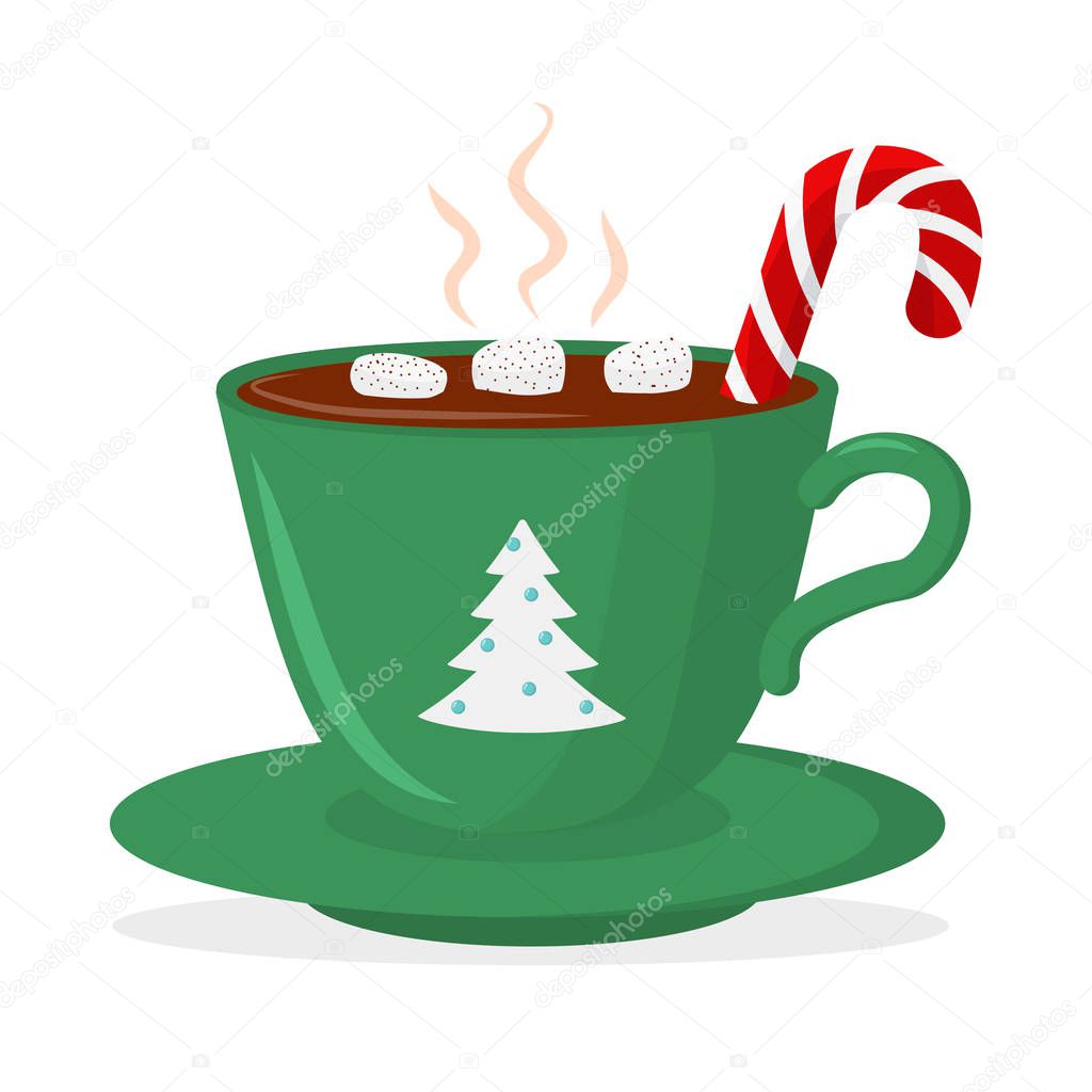 Hot chocolate cup with marshmallow and lollipop, green with christmas tree. Christmas card design element. Isolated vector illustration