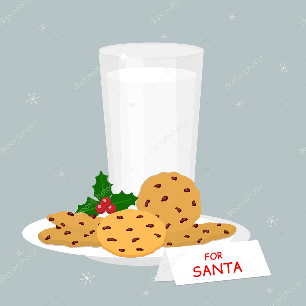 Set of glass of milk and baked oatmeal cookies with chocolate chips, holly berries, isolated on snowflakes background. Note and treat for Santa. Vector flat