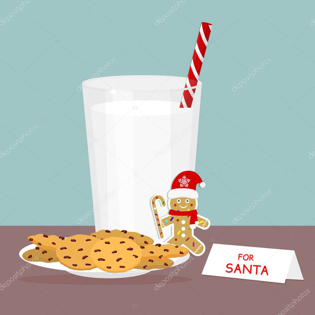 A set of glass of milk and baked oatmeal cookies with chocolate chips, ginger Santa, holly berries, isolated on snowflakes background. Note and treat for Santa. Vector, flat