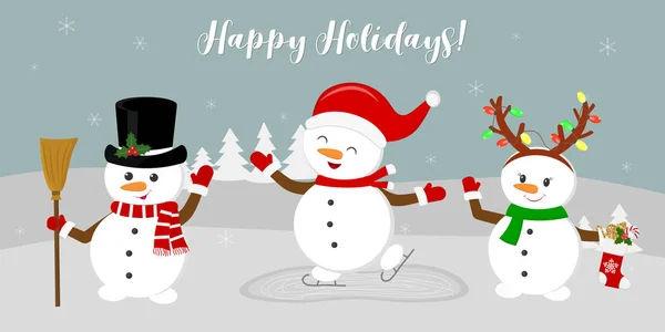 Anul Nou Felicitarea Crăciun Trei Oameni Zăpadă Drăguți Costume Diferite — Vector de stoc