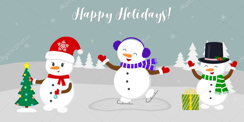 New Year and Christmas card. Three cute snowmen, skating, dressing up the Christmas tree and enjoying the present, in the winter against the background of snowflakes. Cartoon style, vector.