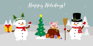 Yeni yıl ve Noel kartı. İki sevimli kardan adamlar hediyeler ile Noel ağacı yakınındaki. Bir domuz yavrusu ve hediyeler, kışın kar taneleri arka planı ile Santa çantası. Stil karikatür, vektör.