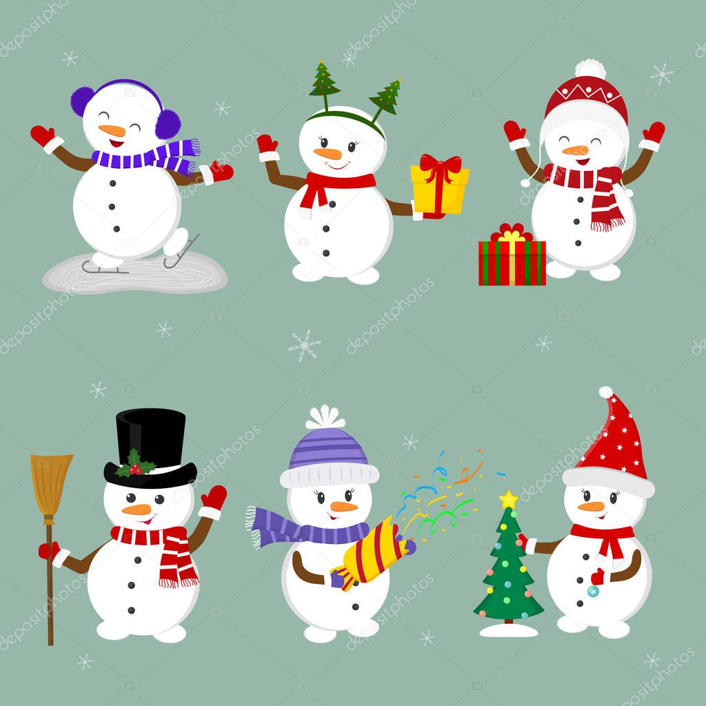 New Year and Christmas card. Set of six cute snowmen in different hats and poses in winter. Christmas tree, gifts, confetti, skates and ice. Cartoon style, vector.