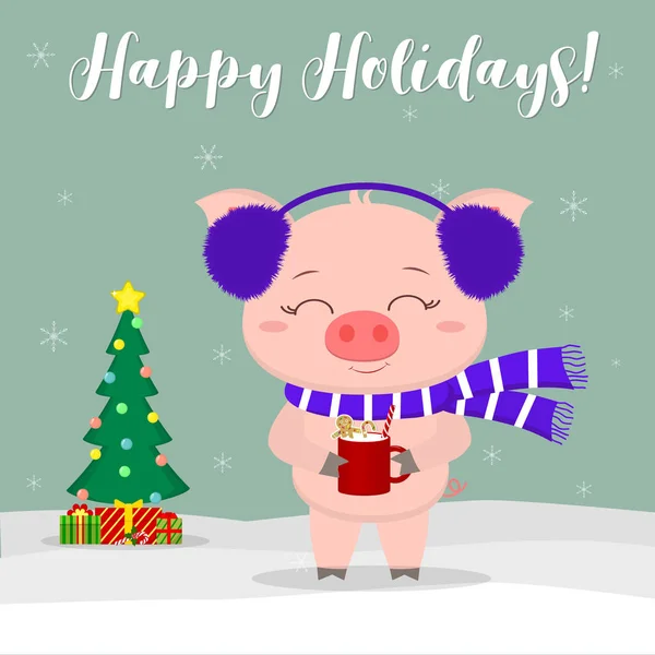 그리고 크리스마스 카드입니다 귀여운 이어폰과 눈송이의 배경에 우유와 비스킷을 스카프 — 스톡 벡터