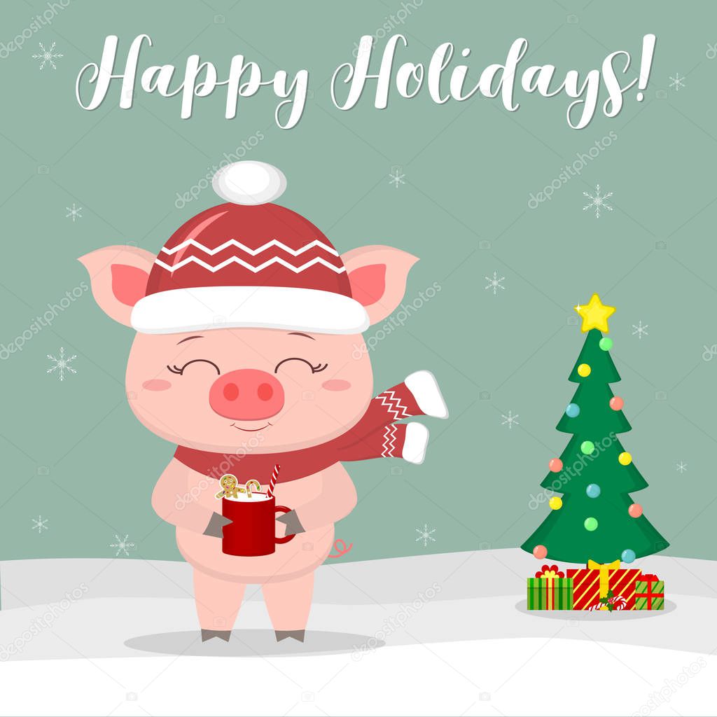 New Year and Christmas card. Cute pig in a hat and scarf, holding a cup with milk and ginger biscuits against the background of winter and snowflakes. Christmas tree and gifts. Vector, cartoon style.