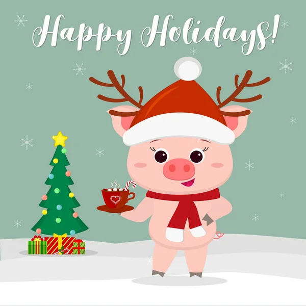 그리고 크리스마스 카드입니다 귀여운 모자와 눈송이의 배경에 코코아 스카프 크리스마스 — 스톡 벡터