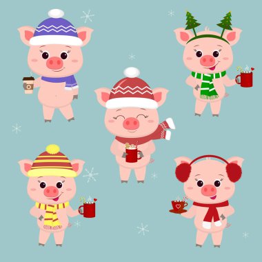 Beş-domuzlar farklı şapka ve atkı bir dizi farklı sıcak içecekler bardak ile. Mutlu yeni yıl ve mutlu Noeller. Sembol, Çin yeni yılı. Vektör.