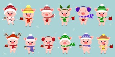 Mega bir eşarp ve on iki farklı şapka domuzlarda kar taneleri arka plan üzerinde farklı sıcak içecekler bardak ile ayarlayın. Mutlu yeni yıl ve mutlu Noeller. Sembol, Çin yeni yılı. Vektör.