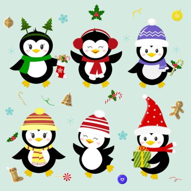 Farklı şapka ve aksesuarlar altı şanslı Noel penguen karakter kümesi. Yeni yıl ve Noel kutluyor. Stil karikatür, vektör