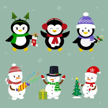 Yeni yıl ve Noel kartı. Dizi üç penguenler ve farklı şapka üç kardan adam karakter ve kışın teşkil etmektedir. Noel ağacı, hediyeler, konfeti. Stil karikatür, vektör