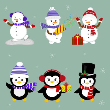Yeni yıl ve Noel kartı. Bir dizi üç penguenler ve farklı şapka üç kardan adam karakter ve kışın teşkil etmektedir. Hediye kutuları, konfeti ile kraker. Stil karikatür, vektör