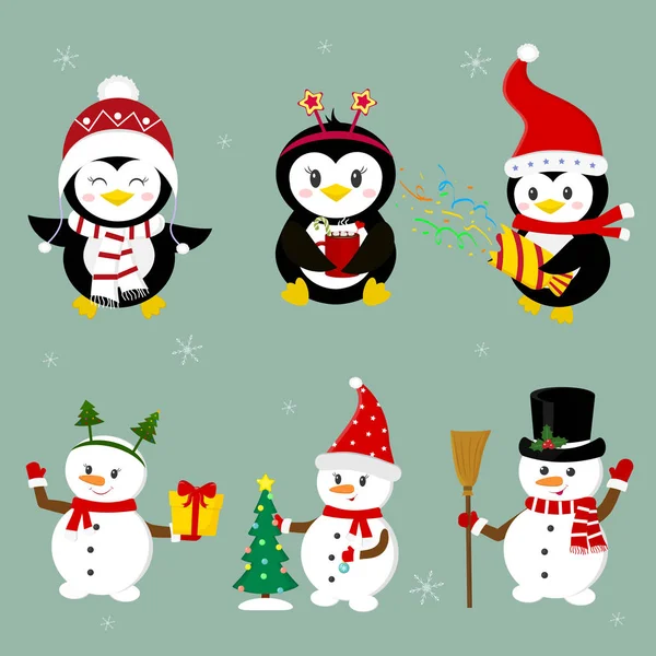 Silvestrovské a vánoční přání. Sada tří tučňáků a tři sněhuláci postavy v různých klobouků a pózy v zimě. Vánoční stromeček, dárky, konfety. Kreslený styl, vektorové — Stockový vektor
