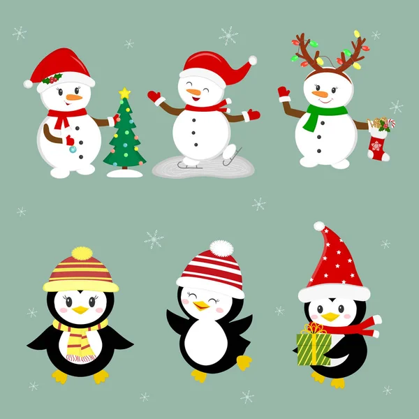 Новорічна та різдвяна листівка. Набір з трьох пінгвінів і трьох персонажів сніговиків в різних капелюхах і позах взимку. Ялинка, подарунки, ковзани. Стиль мультфільму, вектор — стоковий вектор
