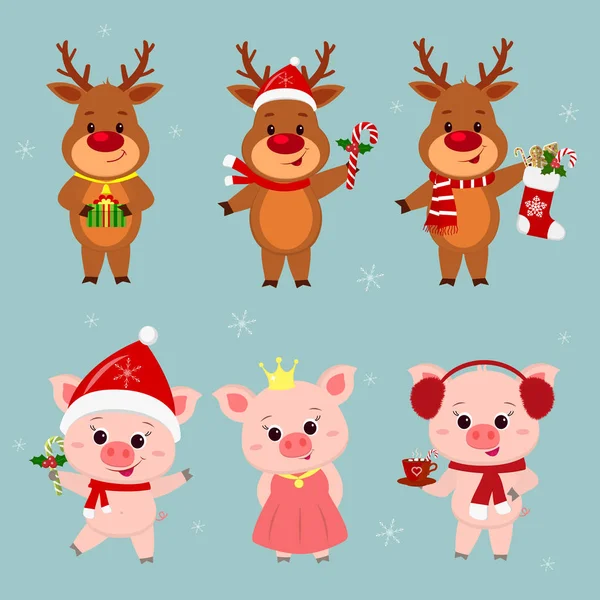 Tarjeta de Año Nuevo y Navidad. Un conjunto de tres ciervos y tres cerdos personajes en diferentes sombreros y trajes en invierno. Regalo de caja, calcetines, piruletas, cacao. Estilo de dibujos animados, vector — Vector de stock
