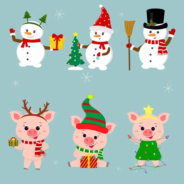 Yeni yıl ve Noel kartı. Bir dizi üç kardan adam ve üç domuz karakteri farklı şapka ve kışın teşkil etmektedir. Hediye kutusu, Noel ağacı. Stil karikatür, vektör