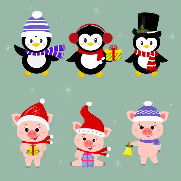 Новорічна та різдвяна листівка. Набір з трьох поросят і трьох пінгвінів характерний в різних капелюхах і позах взимку. Подарункова коробка, дзвони. Стиль мультфільму, вектор — стоковий вектор