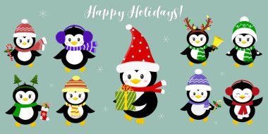 Farklı şapka ve aksesuarlar dokuz mutlu penguen karakter kümesi. Yeni yıl ve Noel kutluyor. Stil karikatür, vektör.
