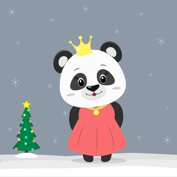 Anul Nou fericit și felicitări de Crăciun fericit. Un mic panda drăguţ îmbrăcat ca o prinţesă. Pomul de Crăciun iarna. Simbolul noului an în calendarul chinezesc. Vector — Vector de stoc