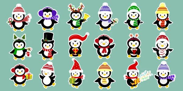 メガ - ペンギンが別の帽子と白いストロークでアクセサリーの 18 のかわいいキャラクターのステッカーのセットです。新年やクリスマスを祝います。漫画のスタイル、ベクトル — ストックベクタ