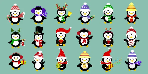 Mega penguenleri farklı şapka ve aksesuarlar on sekiz sevimli karakter kümesi. Yeni yıl ve Noel kutluyor. Stil karikatür, vektör