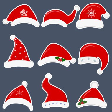 Happy New Year and Merry Christmas. Set of nine different santa hats stickers with various accessories isolated on dark background. Flat style, vector. clipart