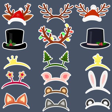 Happy New Year and Merry Christmas. Set of sixteen different hats of stickers and accessories for the Christmas holidays in a white stroke on a dark background. Flat style, vector. clipart