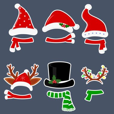 Happy New Year and Merry Christmas. Set of six different stickers of hats and scarves with various accessories for the Christmas holidays in a white stroke on a dark background. Flat style, vector. clipart