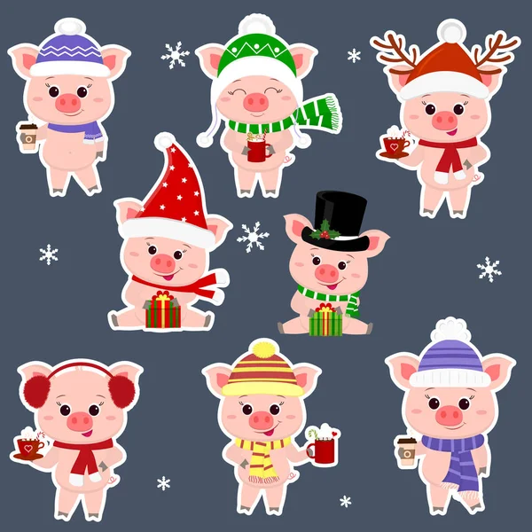 Set Stickers Eight Pigs Different Hats Scarf Keep Cup Various — Stock Vector